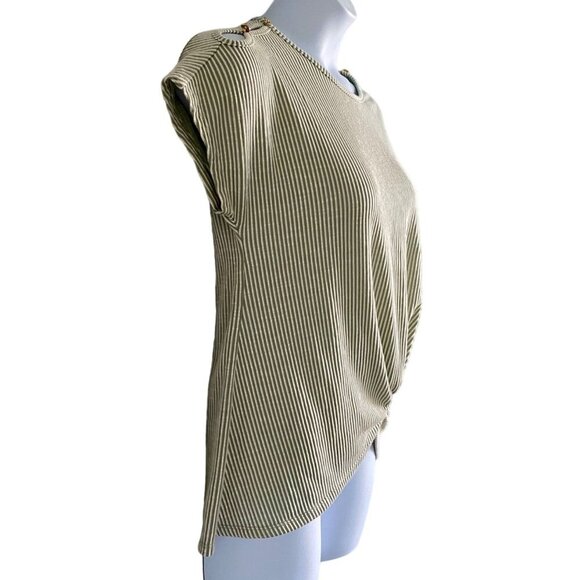 Ava James Striped Knot Front Short Sleeve Top Gold Button Accents Women's Medium - Picture 7 of 11